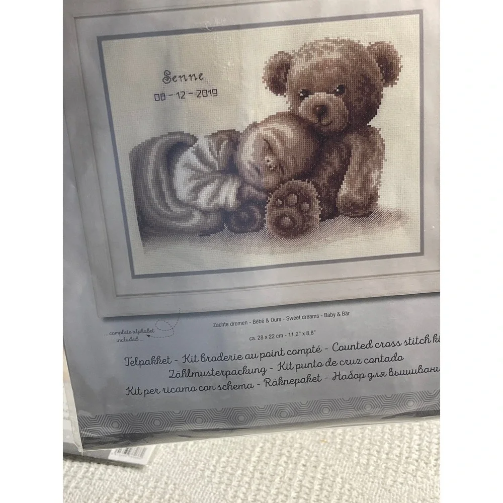 Vervaco Counted Cross Stitch Kit Sweet Dreams Baby Bear Name Date DIY Embroidery